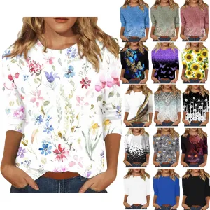 Shirts for Women 3/4 Length Sleeve Crewneck Tops 2024 Fall Casual Loose Fit Printed Tee Cute Basic Blouses for Women