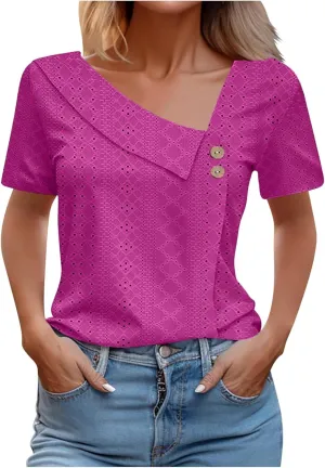 Short Sleeve Blouses for Women Trendy Elegant Dressy Casual Eyelet Shirts Solid Color V Neck Loose Fitted Eyelet Tops