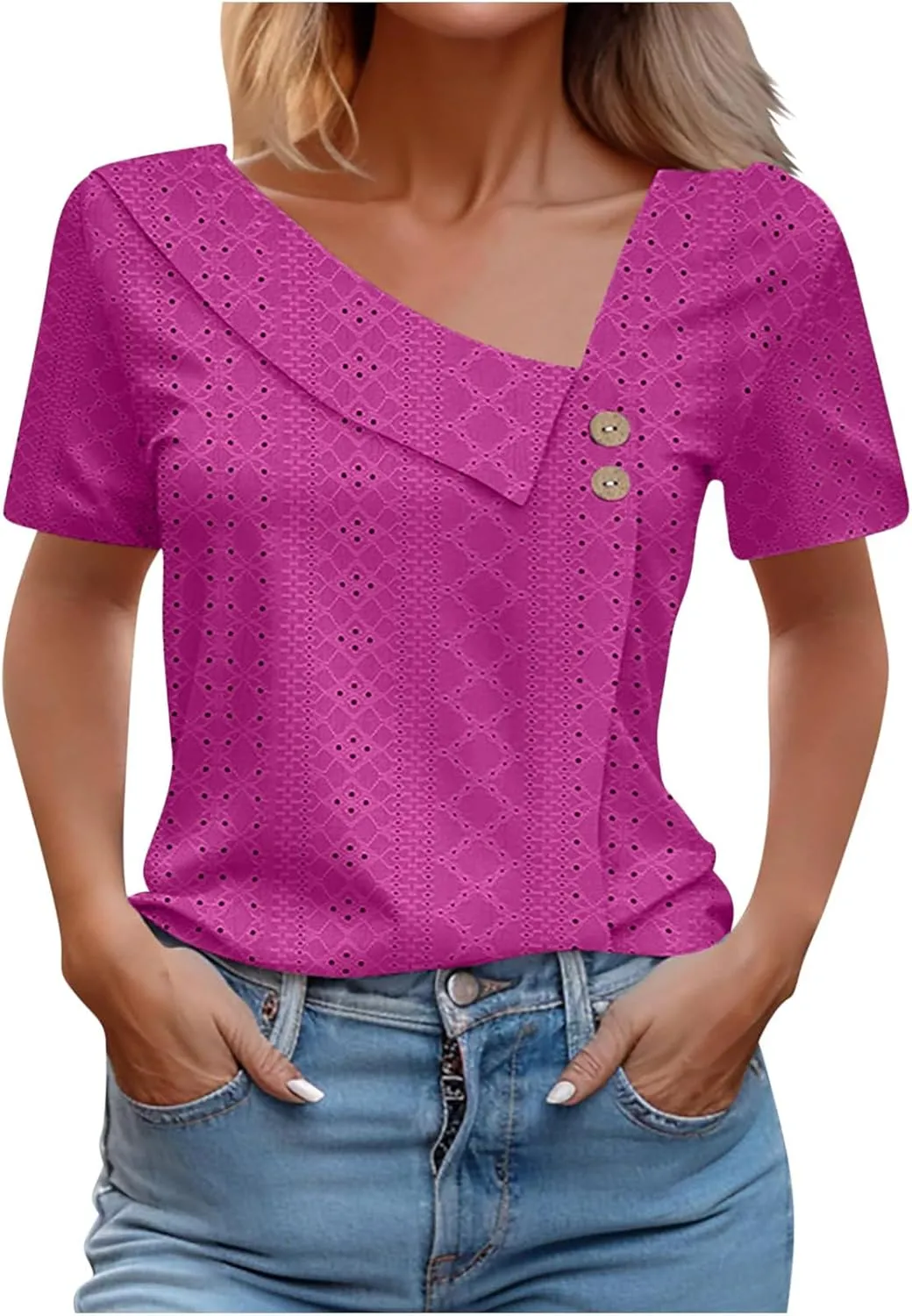 Short Sleeve Blouses for Women Trendy Elegant Dressy Casual Eyelet Shirts Solid Color V Neck Loose Fitted Eyelet Tops