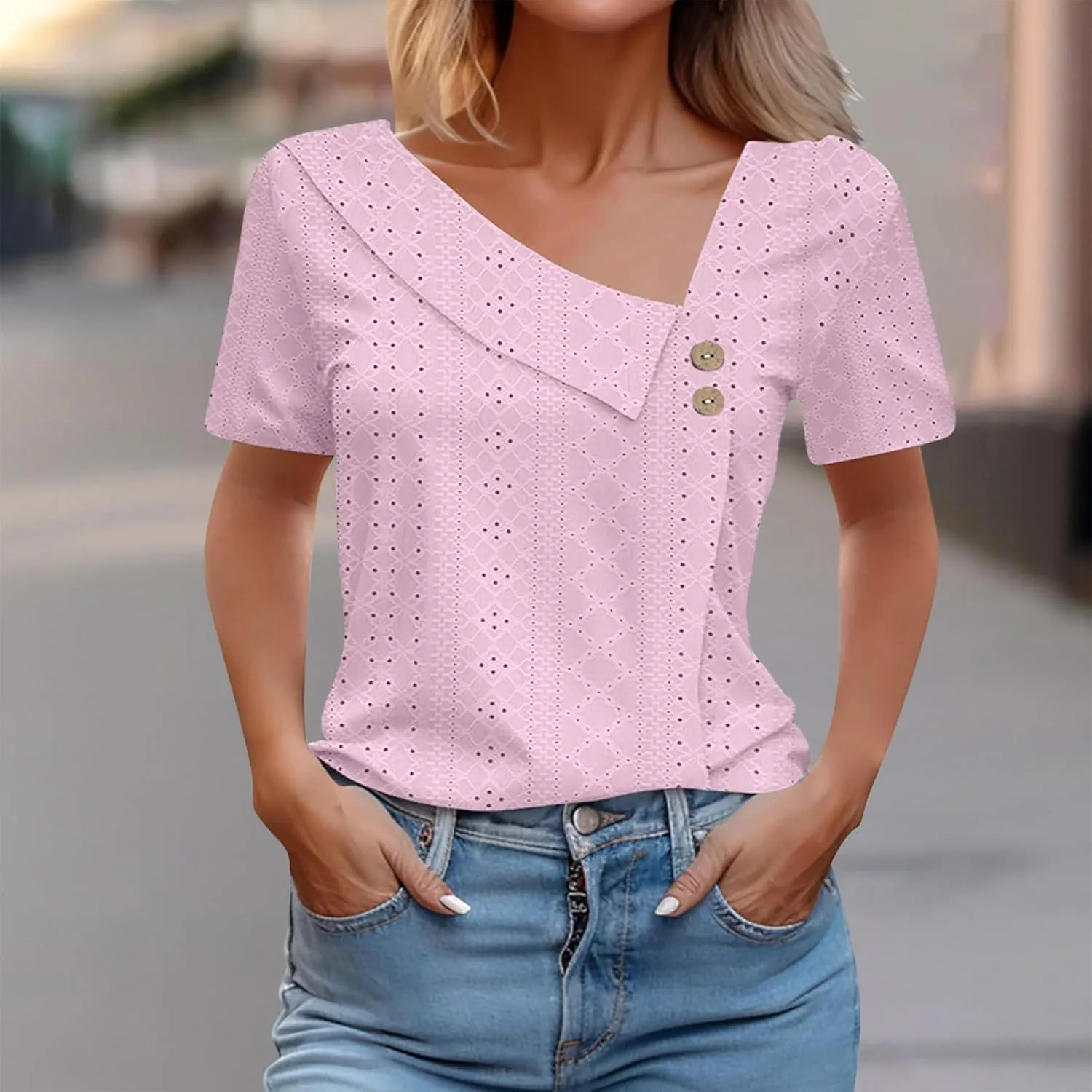 Short Sleeve Blouses for Women Trendy Elegant Dressy Casual Eyelet Shirts Solid Color V Neck Loose Fitted Eyelet Tops