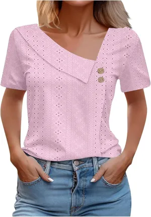 Short Sleeve Blouses for Women Trendy Elegant Dressy Casual Eyelet Shirts Solid Color V Neck Loose Fitted Eyelet Tops