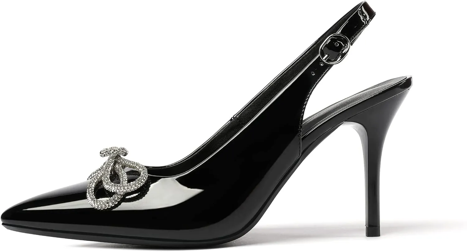 Soireelady Women's Slingback High Heels Rhinestones Bow Closed pointed Toe Ankle Strap Slim Thin Heel Pumps for Wedding Evening Party Dress Shoes 3.5 Inches