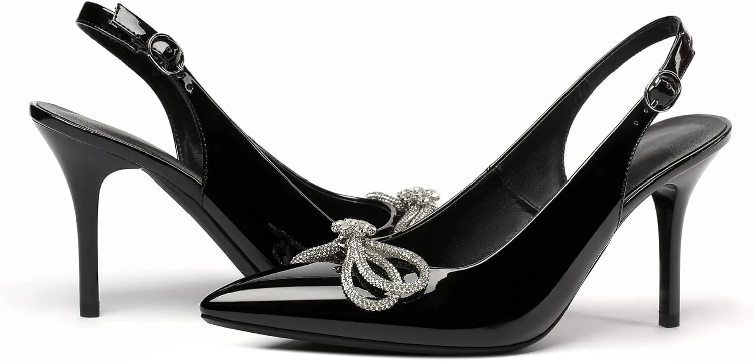 Soireelady Women's Slingback High Heels Rhinestones Bow Closed pointed Toe Ankle Strap Slim Thin Heel Pumps for Wedding Evening Party Dress Shoes 3.5 Inches