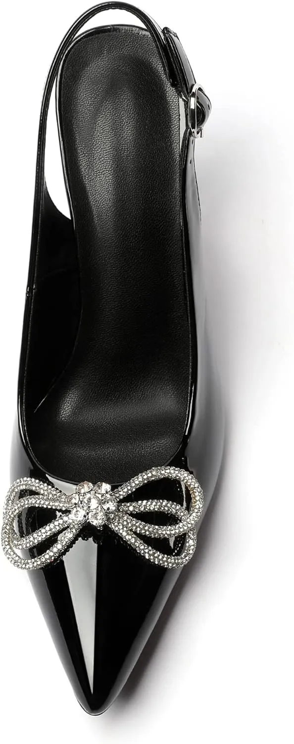 Soireelady Women's Slingback High Heels Rhinestones Bow Closed pointed Toe Ankle Strap Slim Thin Heel Pumps for Wedding Evening Party Dress Shoes 3.5 Inches