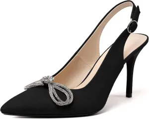 Soireelady Women's Slingback High Heels Rhinestones Bow Closed pointed Toe Ankle Strap Slim Thin Heel Pumps for Wedding Evening Party Dress Shoes 3.5 Inches