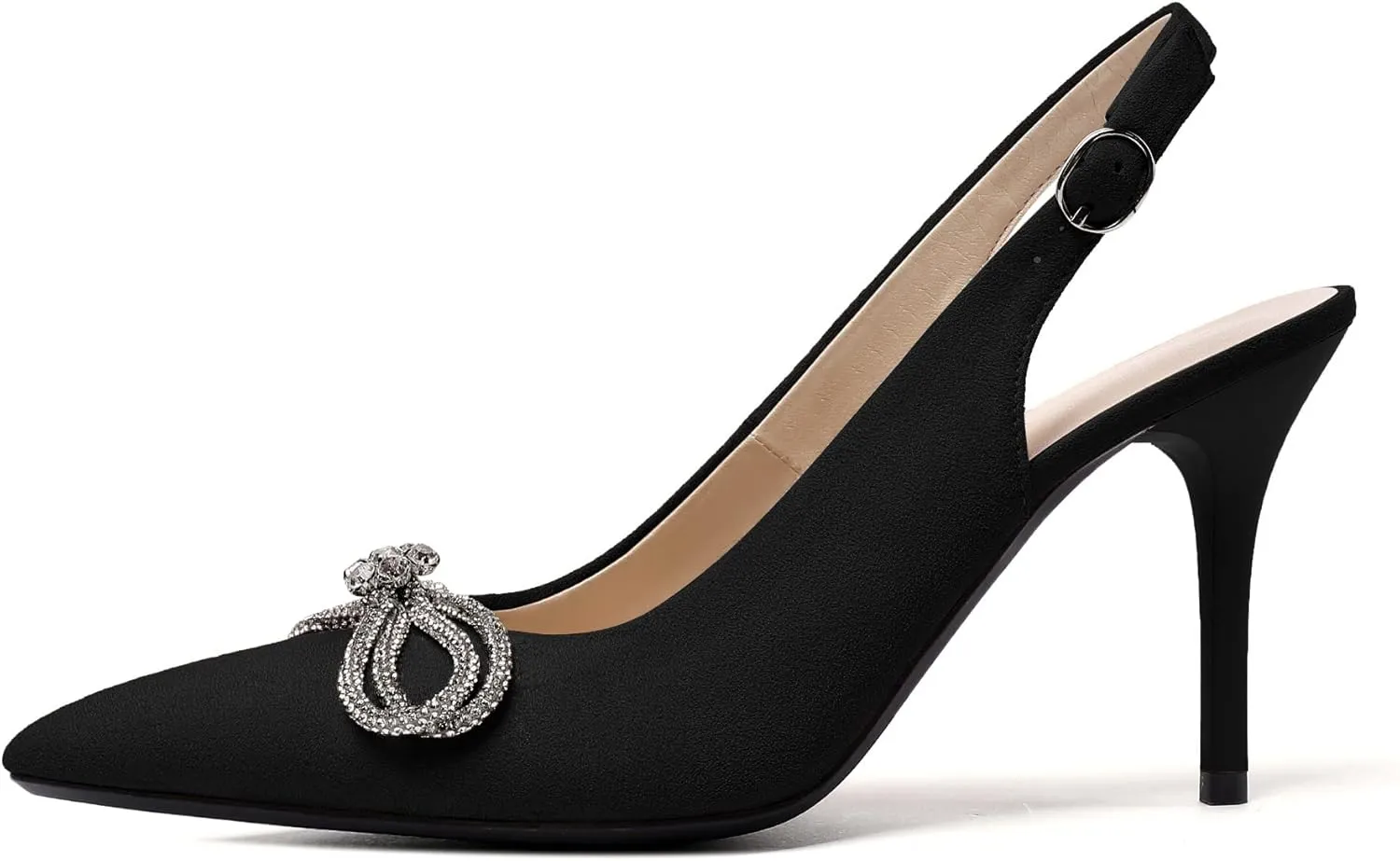 Soireelady Women's Slingback High Heels Rhinestones Bow Closed pointed Toe Ankle Strap Slim Thin Heel Pumps for Wedding Evening Party Dress Shoes 3.5 Inches