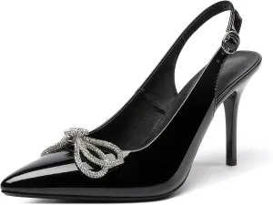 Soireelady Women's Slingback High Heels Rhinestones Bow Closed pointed Toe Ankle Strap Slim Thin Heel Pumps for Wedding Evening Party Dress Shoes 3.5 Inches