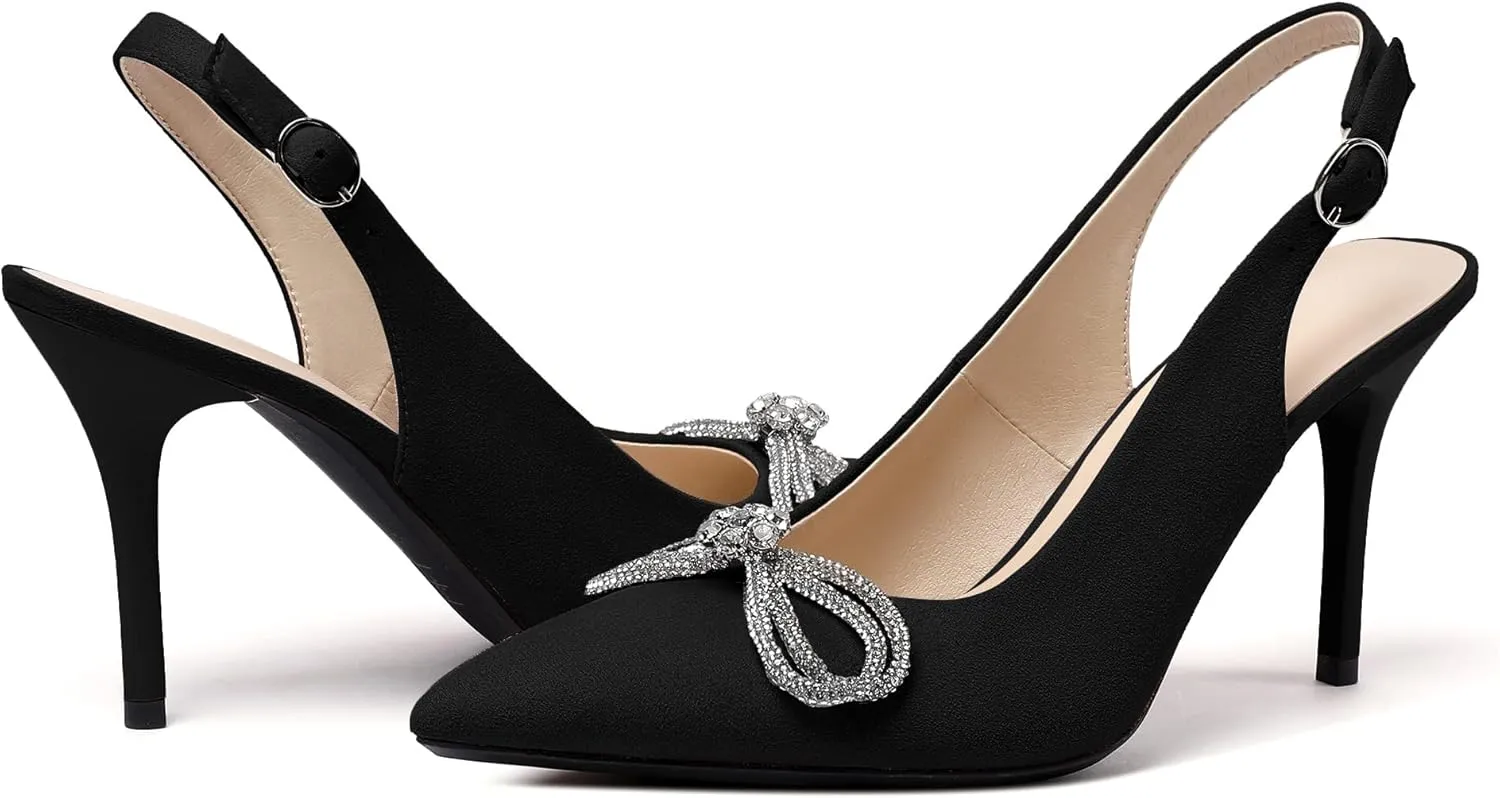 Soireelady Women's Slingback High Heels Rhinestones Bow Closed pointed Toe Ankle Strap Slim Thin Heel Pumps for Wedding Evening Party Dress Shoes 3.5 Inches