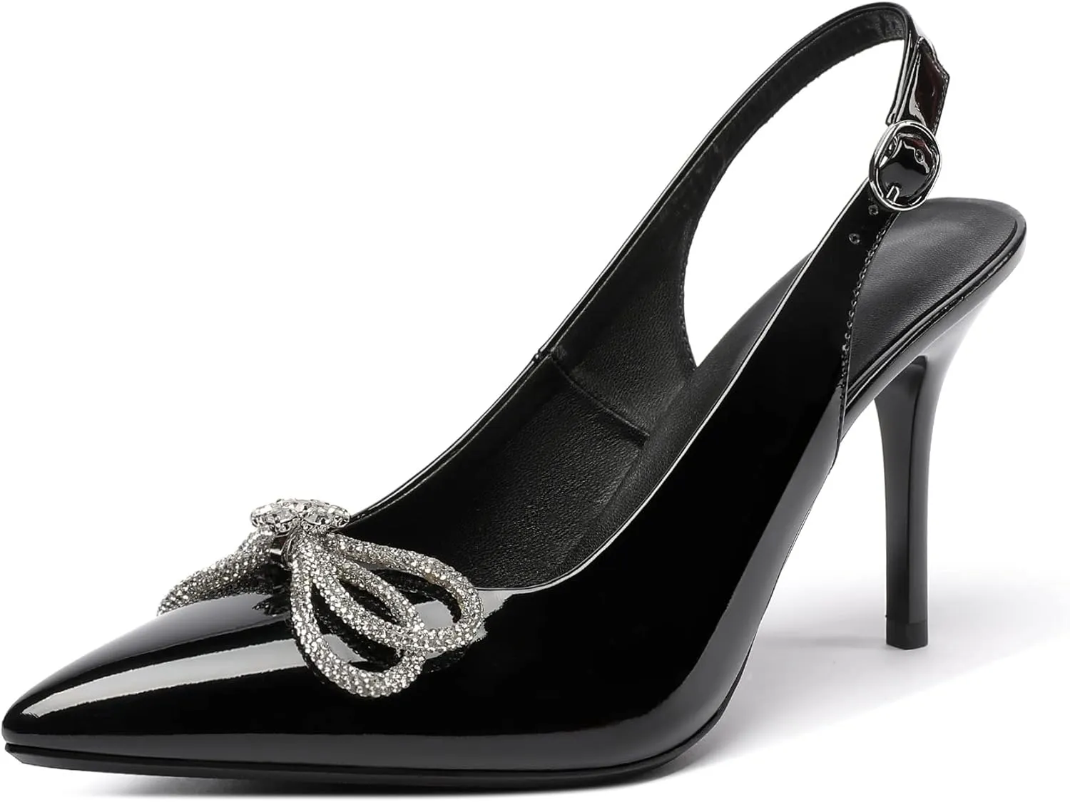 Soireelady Women's Slingback High Heels Rhinestones Bow Closed pointed Toe Ankle Strap Slim Thin Heel Pumps for Wedding Evening Party Dress Shoes 3.5 Inches