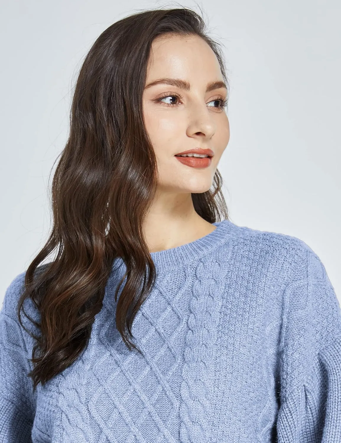 SSLR-Womens-Oversized-Sweaters-Cropped Sweaters Crewneck Long Lantern Sleeve Knitted Cable Pullover