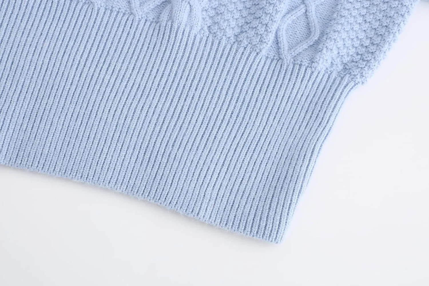 SSLR-Womens-Oversized-Sweaters-Cropped Sweaters Crewneck Long Lantern Sleeve Knitted Cable Pullover