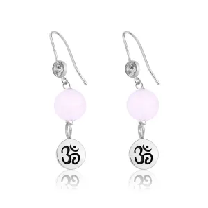 Sterling Silver Yoga Inspired Ohm Earrings with Rose Quartz to Hear the Sound of the Universe