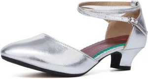 SWDZM Ballroom Dance Shoes Women Low Heel Closed Toe Latin Salsa Tango Character Practice Dance Shoes,Model DY-Leather-ZK