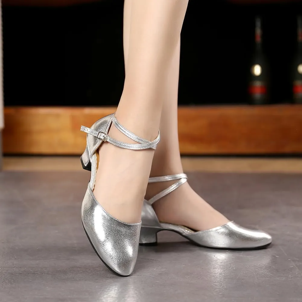 SWDZM Ballroom Dance Shoes Women Low Heel Closed Toe Latin Salsa Tango Character Practice Dance Shoes,Model DY-Leather-ZK
