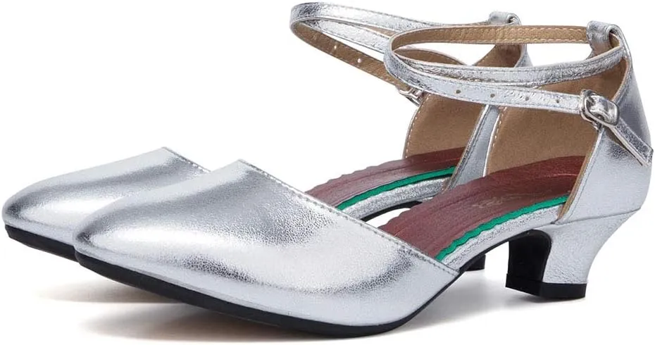 SWDZM Ballroom Dance Shoes Women Low Heel Closed Toe Latin Salsa Tango Character Practice Dance Shoes,Model DY-Leather-ZK