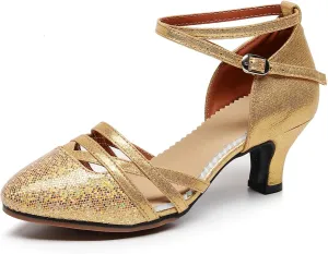 SWDZM Closed Toe Latin Dance Shoes Glitter Women Latin Dance Shoes Closed Toe Ballroom Dancing Shoes