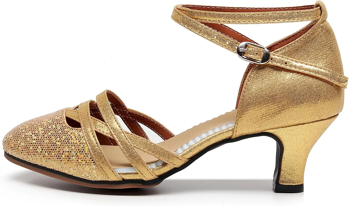 SWDZM Closed Toe Latin Dance Shoes Glitter Women Latin Dance Shoes Closed Toe Ballroom Dancing Shoes