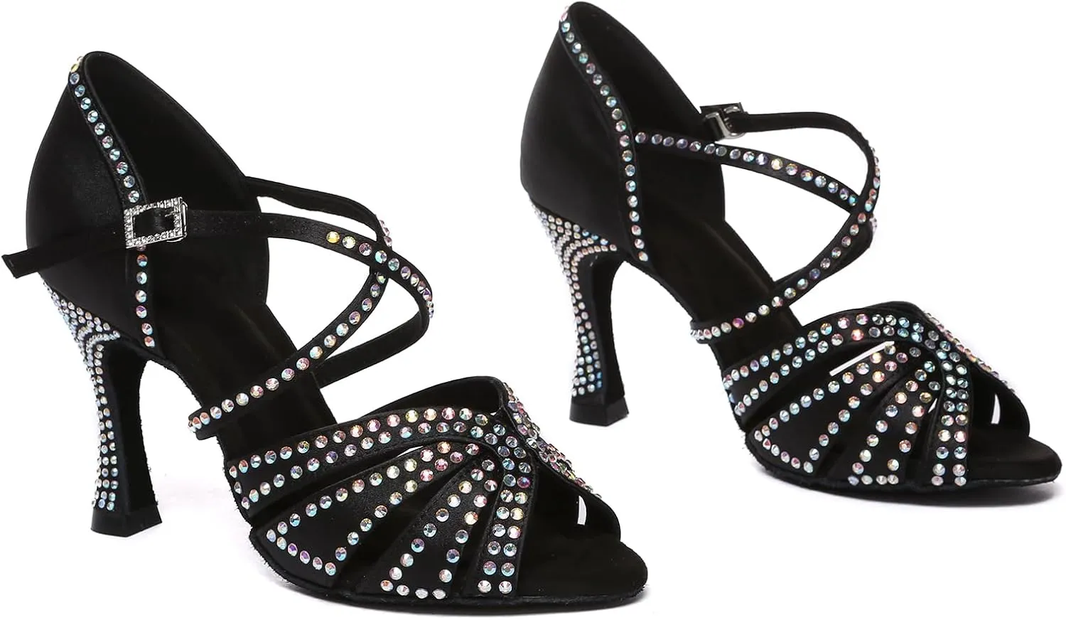 SWDZM Rhinestone Latin Ballroom Dance Shoes Women Satin Salsa Bachata Performance Sparkly Dancing Shoes