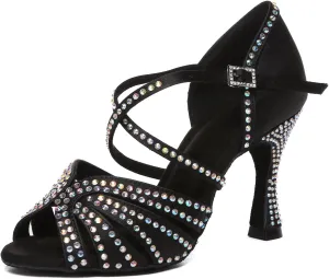 SWDZM Rhinestone Latin Ballroom Dance Shoes Women Satin Salsa Bachata Performance Sparkly Dancing Shoes