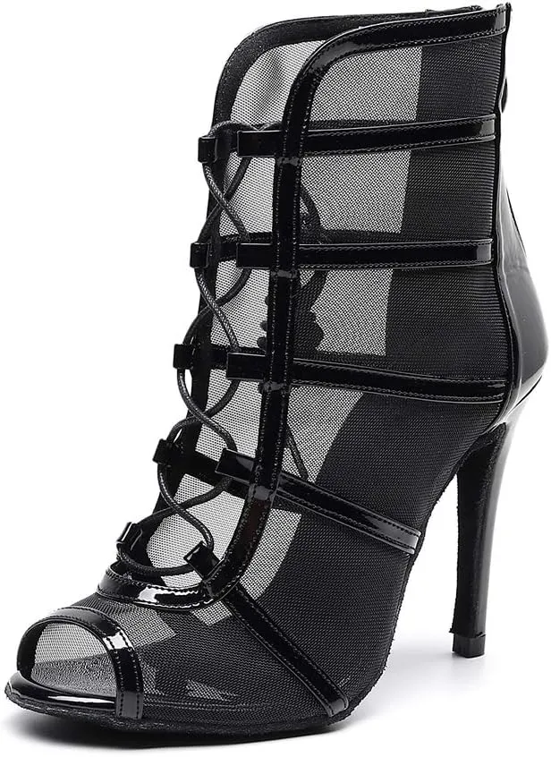 SWDZM Women's Latin Dance Shoes Mesh Peep Toe Salsa Ballroom Lace-up Ankle Dance Boots,Model L445