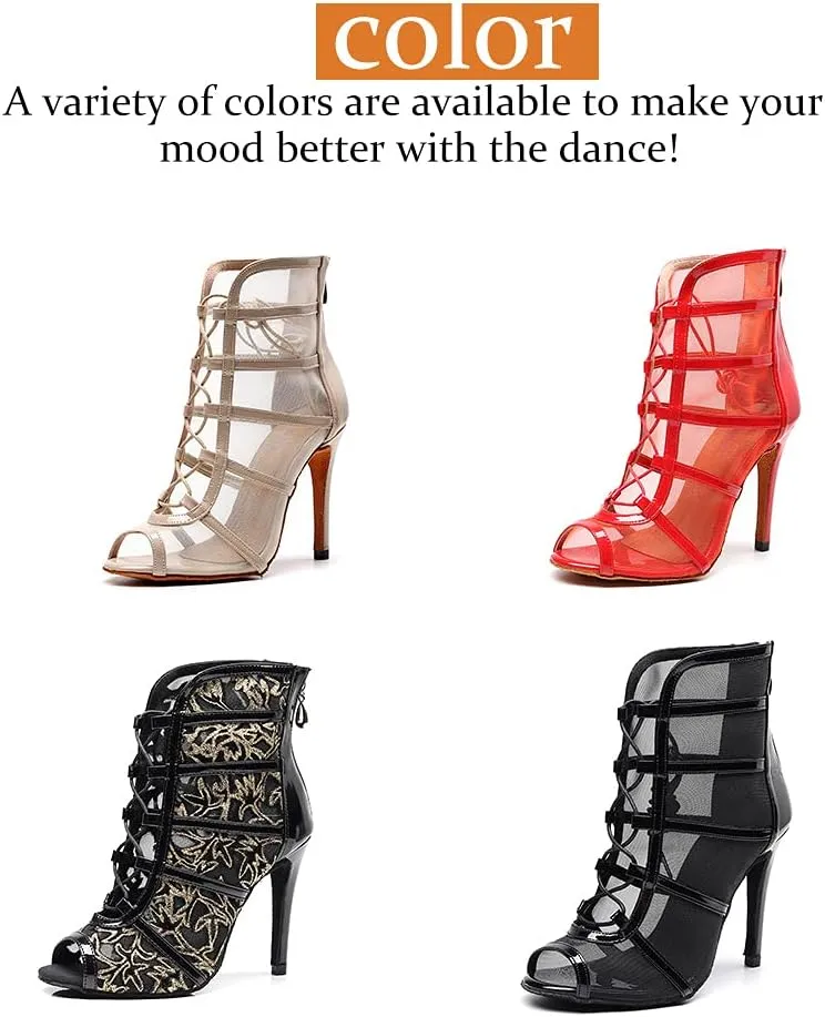 SWDZM Women's Latin Dance Shoes Mesh Peep Toe Salsa Ballroom Lace-up Ankle Dance Boots,Model L445
