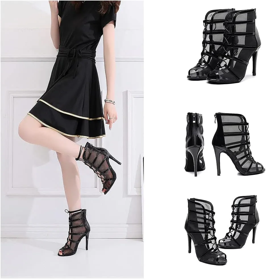 SWDZM Women's Latin Dance Shoes Mesh Peep Toe Salsa Ballroom Lace-up Ankle Dance Boots,Model L445