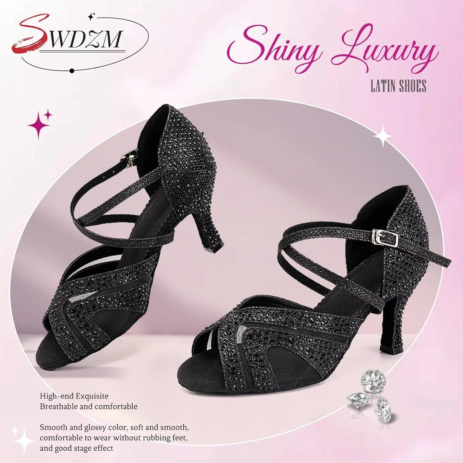 SWDZM Women's Rhinestones Latin Dance Shoes Open Toe Ballroom Standard Salsa Tango Performance Dance Wedding Shoes