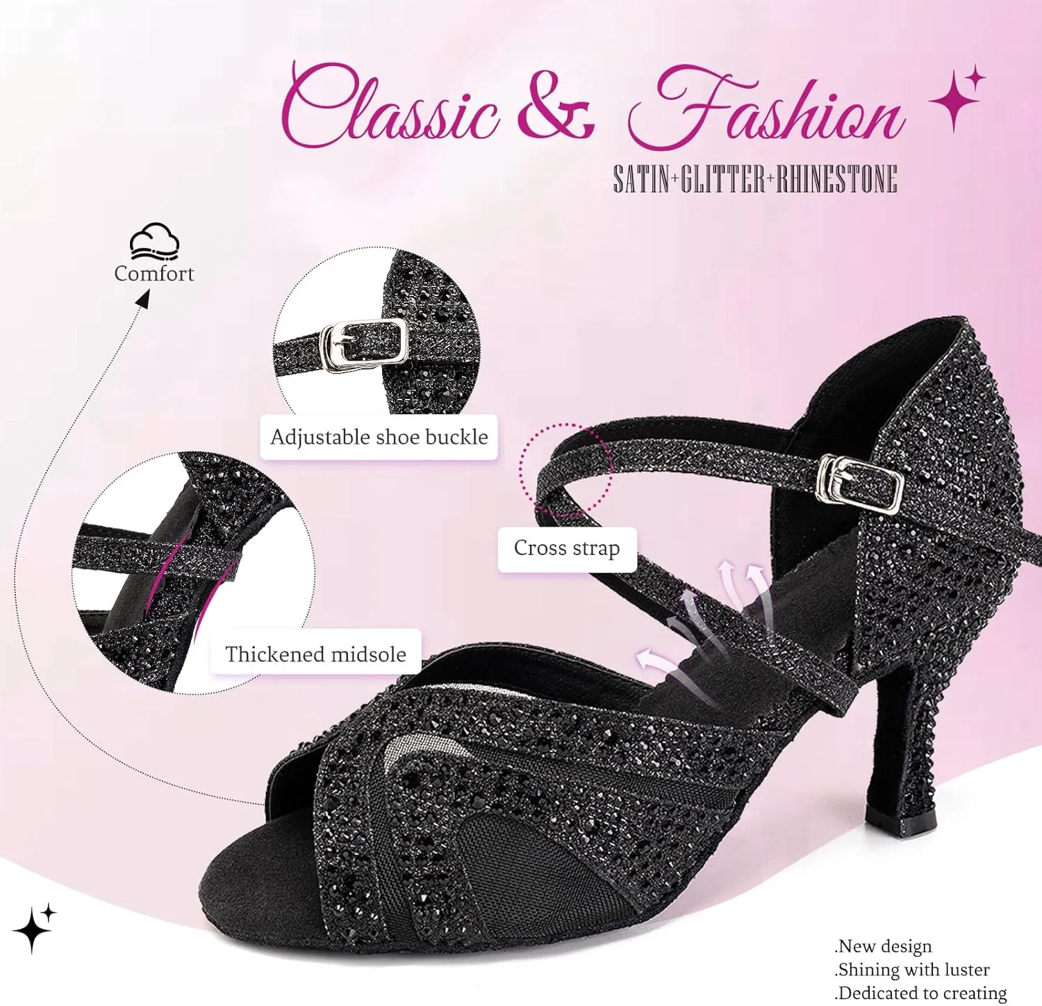 SWDZM Women's Rhinestones Latin Dance Shoes Open Toe Ballroom Standard Salsa Tango Performance Dance Wedding Shoes