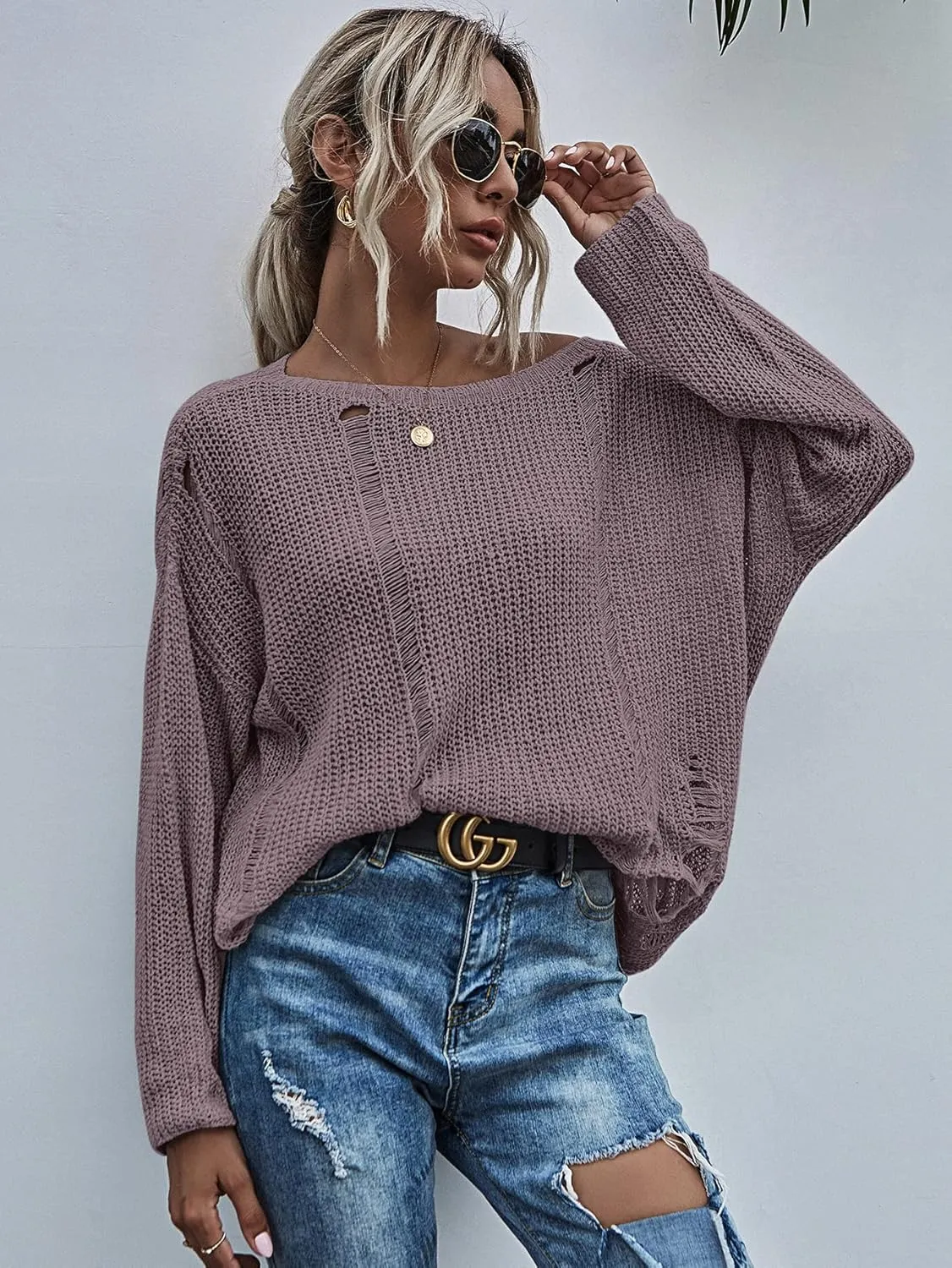 Sweaters for Women Drop Shoulder Ripped Oversized Sweater Sweaters (Size : Large)