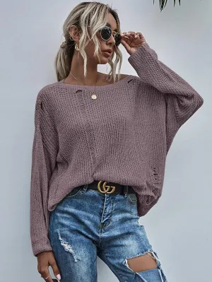 Sweaters for Women Drop Shoulder Ripped Oversized Sweater Sweaters (Size : Large)