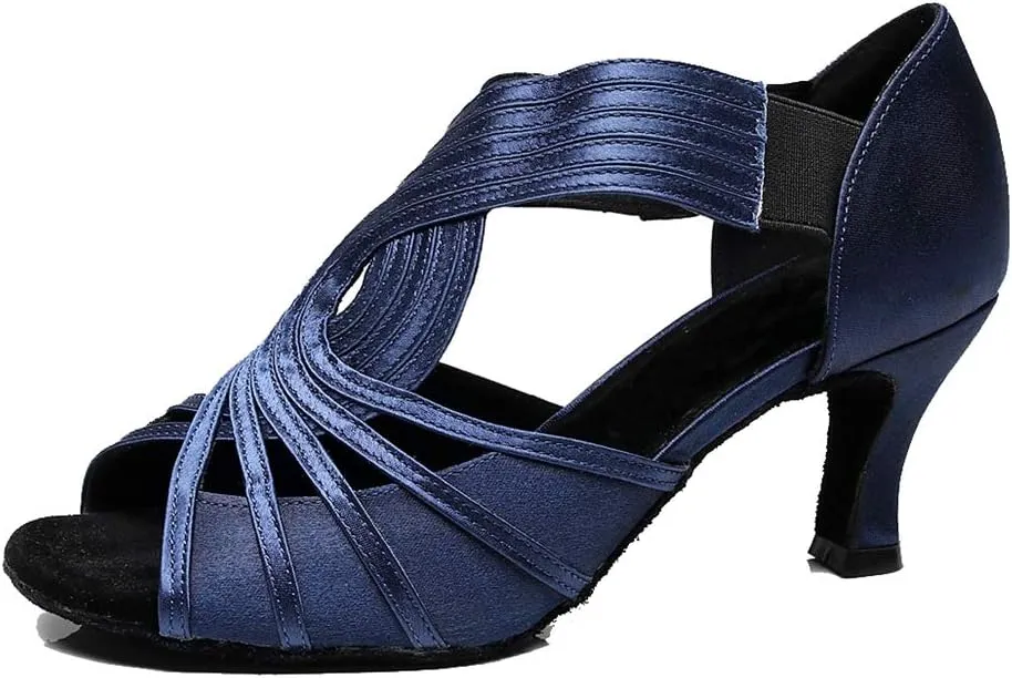 TDA Womens 7133 Flared Heel Dark Blue Satin Latin Modern Salsa Tango Ballroom Wedding Dance Shoes 6 M US