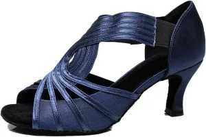 TDA Womens 7133 Flared Heel Dark Blue Satin Latin Modern Salsa Tango Ballroom Wedding Dance Shoes 6 M US