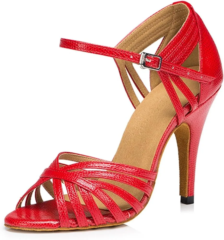TDA Women's Fashion Single Strap High Heel 10cm Heel Red Latin Salsa Ballroom Dance Shoes 6.5 M US