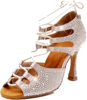 TDA Women's Sexy Lace-up Peep Toe Beige Crystals Satin Salsa Tango Ballroom Latin Dance Shoes 6 M US