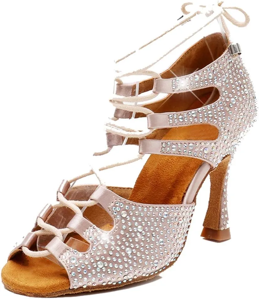 TDA Women's Sexy Lace-up Peep Toe Beige Crystals Satin Salsa Tango Ballroom Latin Dance Shoes 6 M US