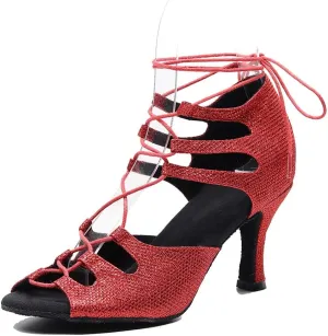 TDA Women's Sexy Lace-up Peep Toe Glitter Red Synthetic Salsa Tango Ballroom Latin Dance Shoes 5.5 M US