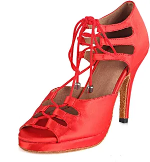 TDA Women's Sexy Lace-up Peep Toe Platform Red Satin Salsa Tango Ballroom Latin Dance Shoes 8 M US