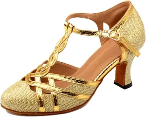 TDA Womens T-Strap Glitter Gold Synthetic Salsa Tango Ballroom Latin Party Dance Shoes CM101 5 M US