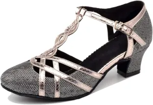 TDA Womens T-Strap Glitter Silver Black Synthetic Salsa Tango Ballroom Latin Party Dance Shoes CM101 5 M US