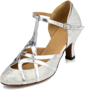 TDA Womens T-Strap Glitter Silver Synthetic Salsa Tango Ballroom Latin Party Dance Shoes CM101 5 M US
