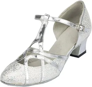 TDA Women's T-Strap Glitter Synthetic Salsa Tango Ballroom Latin Party Dance Shoes 5 5cm Glitter Silver