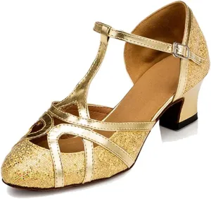 TDA Women's T-Strap Glitter Synthetic Salsa Tango Ballroom Latin Party Dance Shoes 6.5 Glitter Gold-5cm Heel