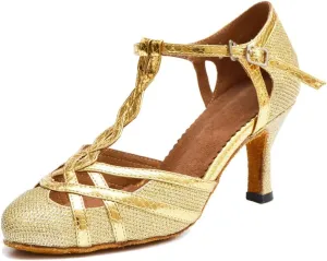 TDA Women's T-Strap Glitter Synthetic Salsa Tango Ballroom Latin Party Dance Shoes 6.5 Gold-7.5cm Heel