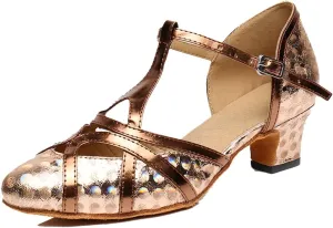 TDA Women's T-Strap Glitter Synthetic Salsa Tango Ballroom Latin Party Dance Shoes 9 5cm Printing Brown