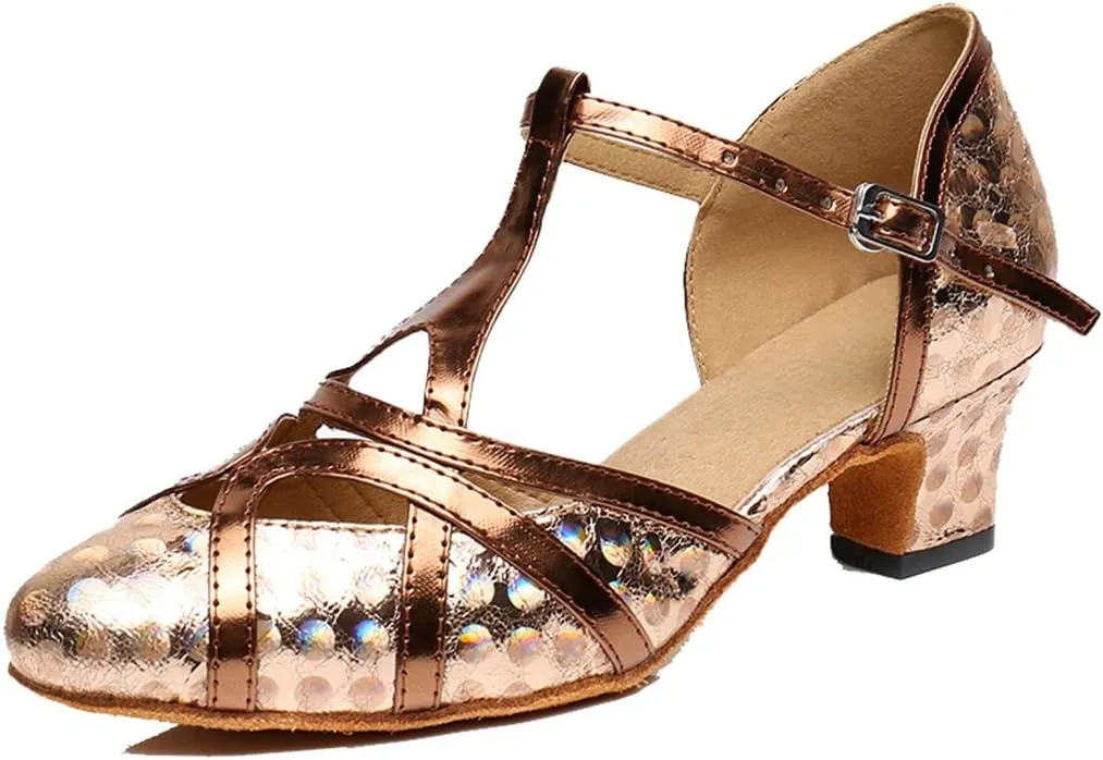 TDA Women's T-Strap Glitter Synthetic Salsa Tango Ballroom Latin Party Dance Shoes 9 5cm Printing Brown