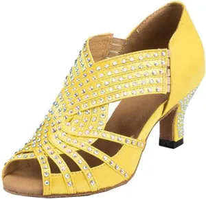 TDA Womens Zipper Mid Heel Yellow Satin Crystals Latin Modern Salsa Tango Ballroom Wedding Dance Shoes 8 M US