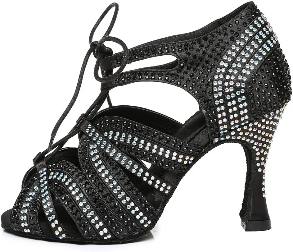 TINRYMX Latin Ballroom Dance Shoes Women Rhinestone with lace-up Salsa Bachata Performance Wedding Dancing Shoes, YCL453