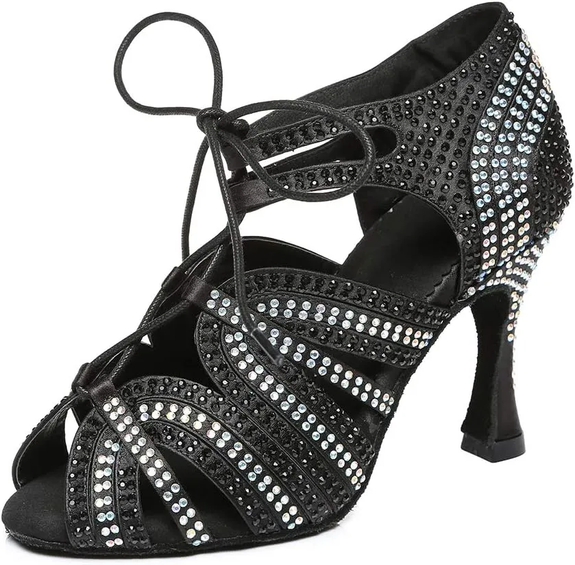 TINRYMX Latin Ballroom Dance Shoes Women Rhinestone with lace-up Salsa Bachata Performance Wedding Dancing Shoes, YCL453