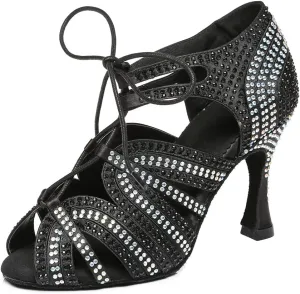 TINRYMX Latin Ballroom Dance Shoes Women Rhinestone with lace-up Salsa Bachata Performance Wedding Dancing Shoes, YCL453