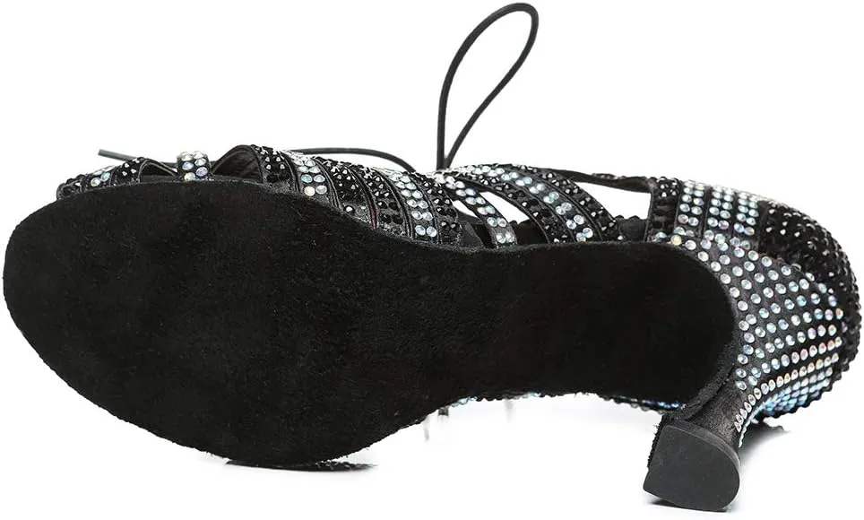 TINRYMX Latin Ballroom Dance Shoes Women Rhinestone with lace-up Salsa Bachata Performance Wedding Dancing Shoes, YCL453